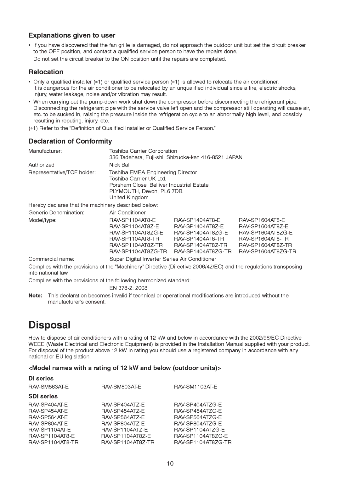 Toshiba RAV-SP1404AT8-E, RAV-SP1104AT8ZG-TR service manual Explanations given to user, Relocation, Declaration of Conformity 