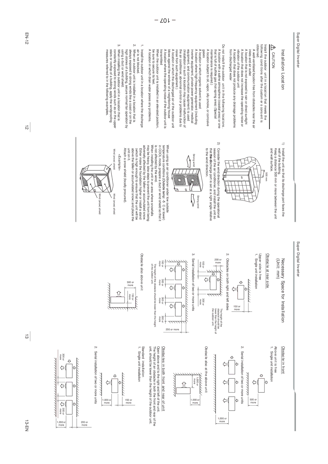 Toshiba RAV-SP1604AT8-TR, RAV-SP1104AT8ZG-TR 107, Installation Location, Necessary Space for Installation Unit mm 