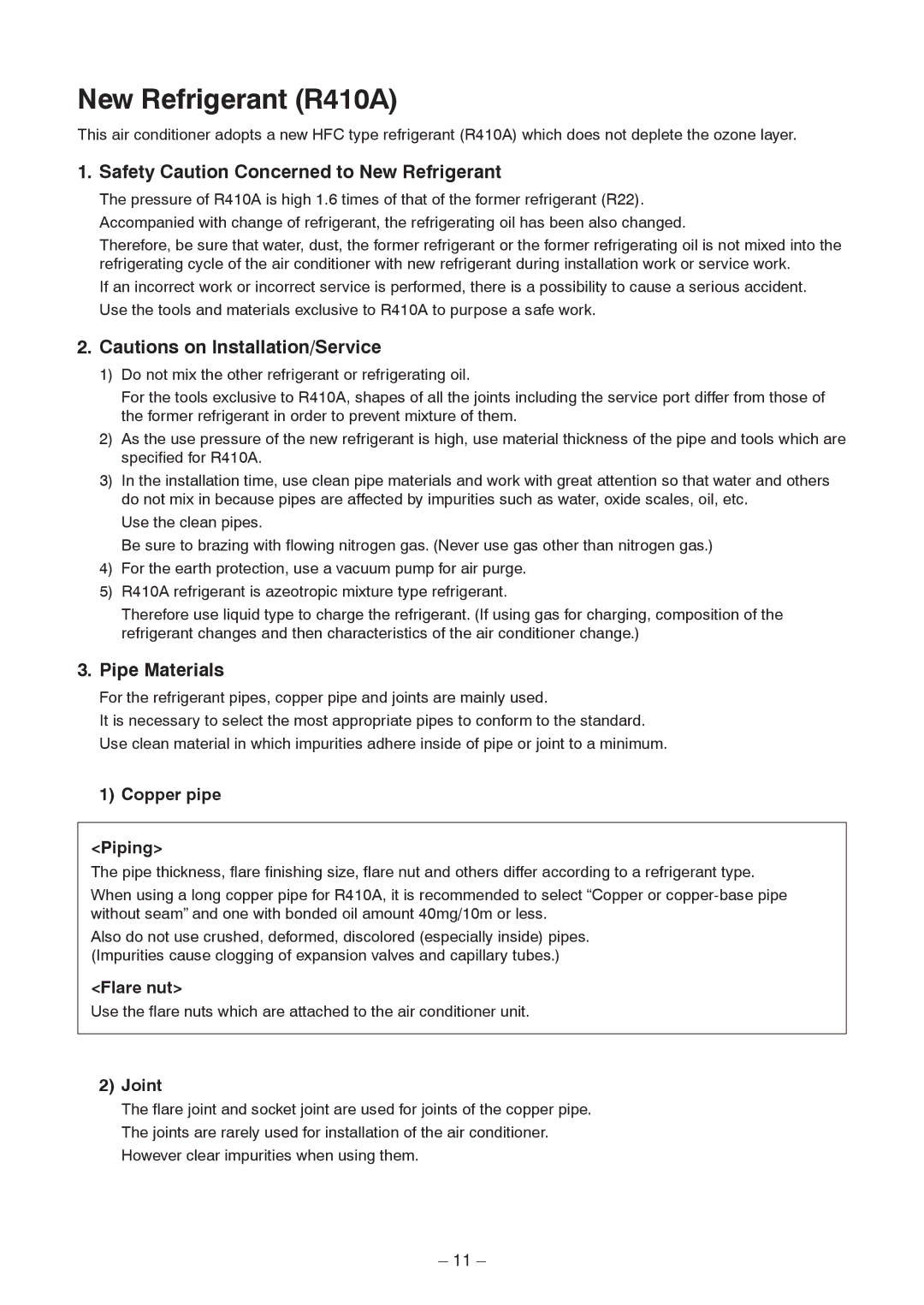 Toshiba RAV-SP1404AT8ZG-E Safety Caution Concerned to New Refrigerant, Pipe Materials, Copper pipe Piping, Flare nut 