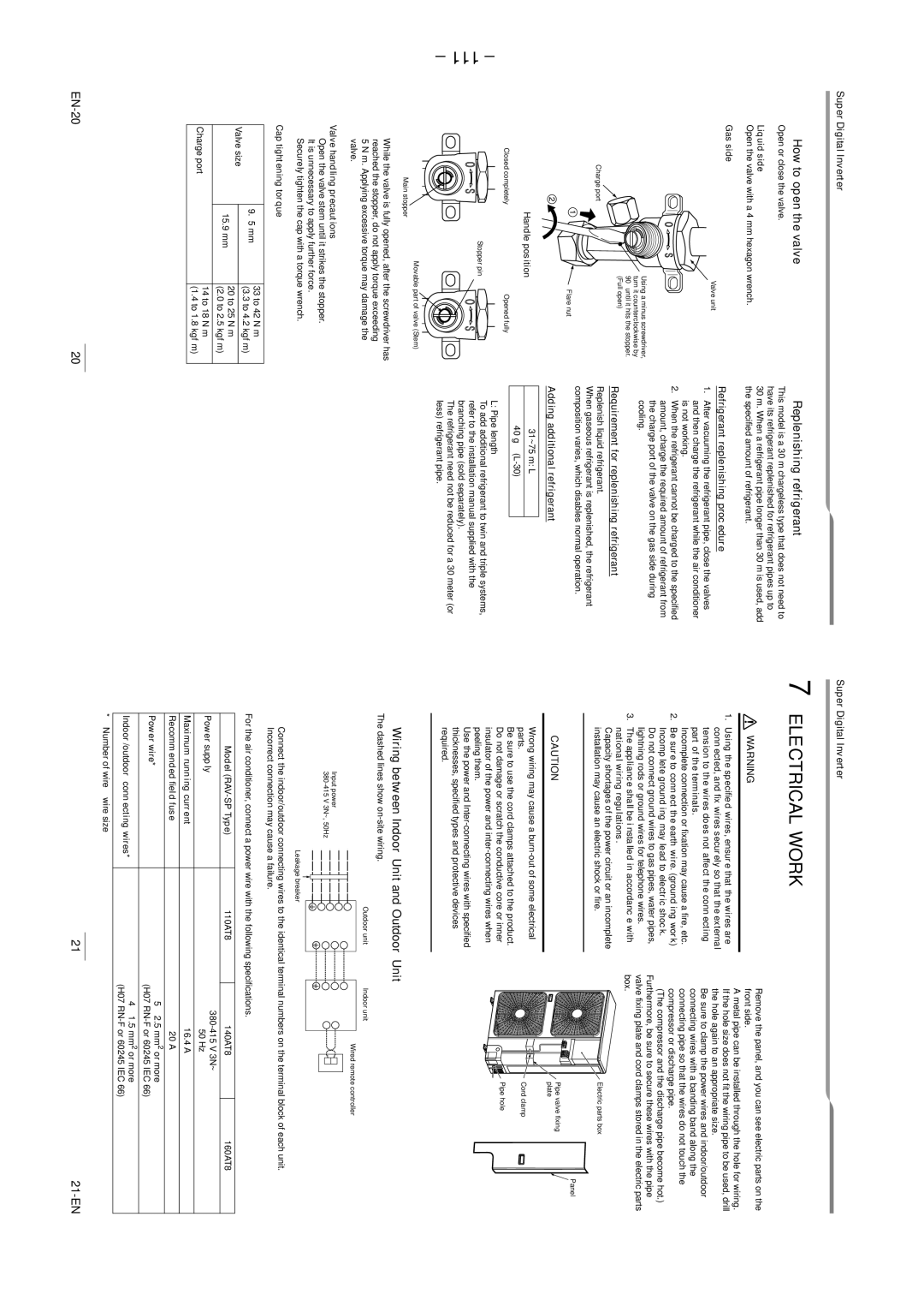 Toshiba RAV-SP1404AT8Z-E 111, How to open the valve, Replenishing refrigerant, Wiring between Indoor Unit and Outdoor Unit 