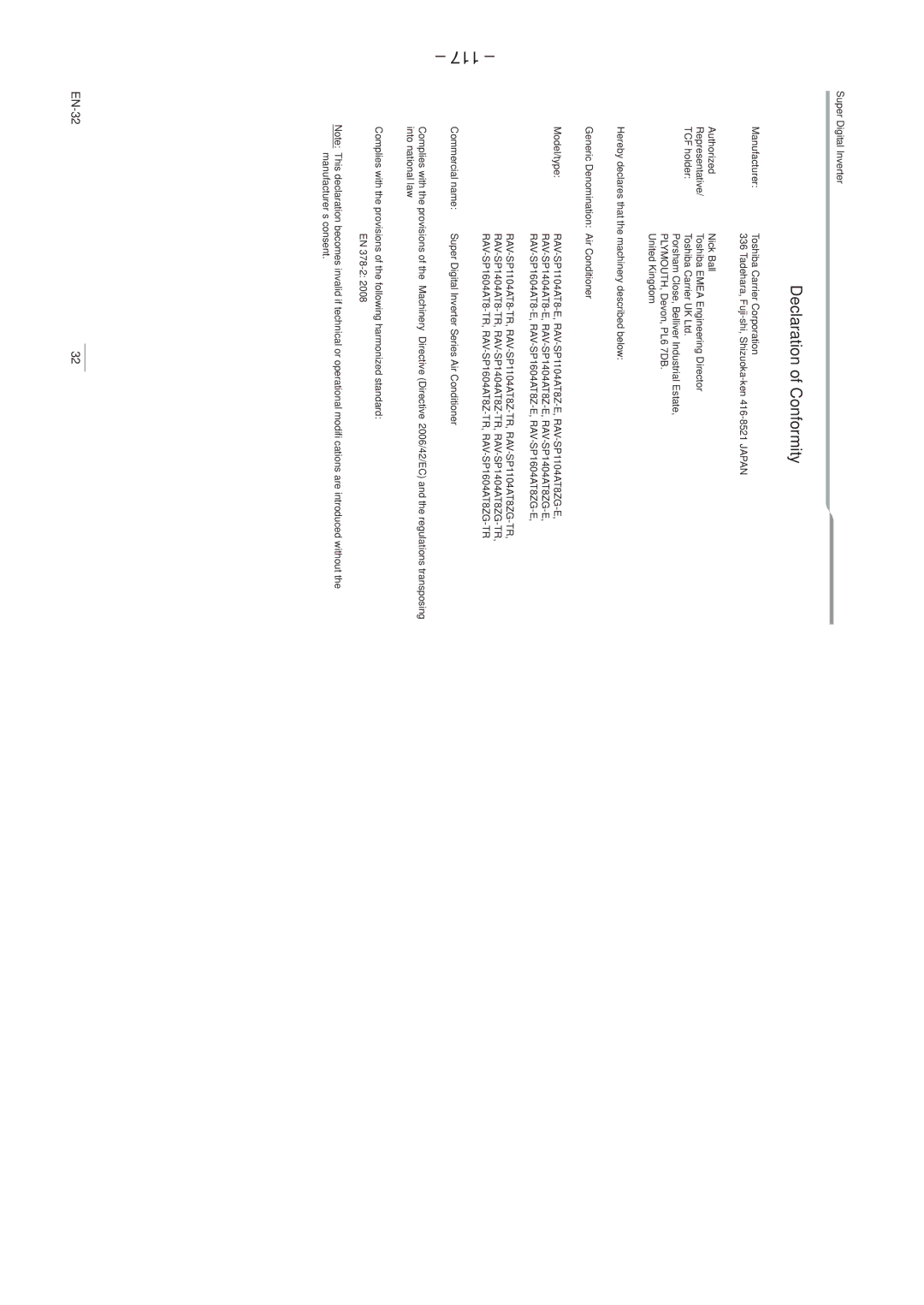 Toshiba RAV-SP1604AT8Z-E, RAV-SP1104AT8ZG-TR, RAV-SP1104AT8-TR, RAV-SP1404AT8ZG-TR 117, Declaration of Conformity 