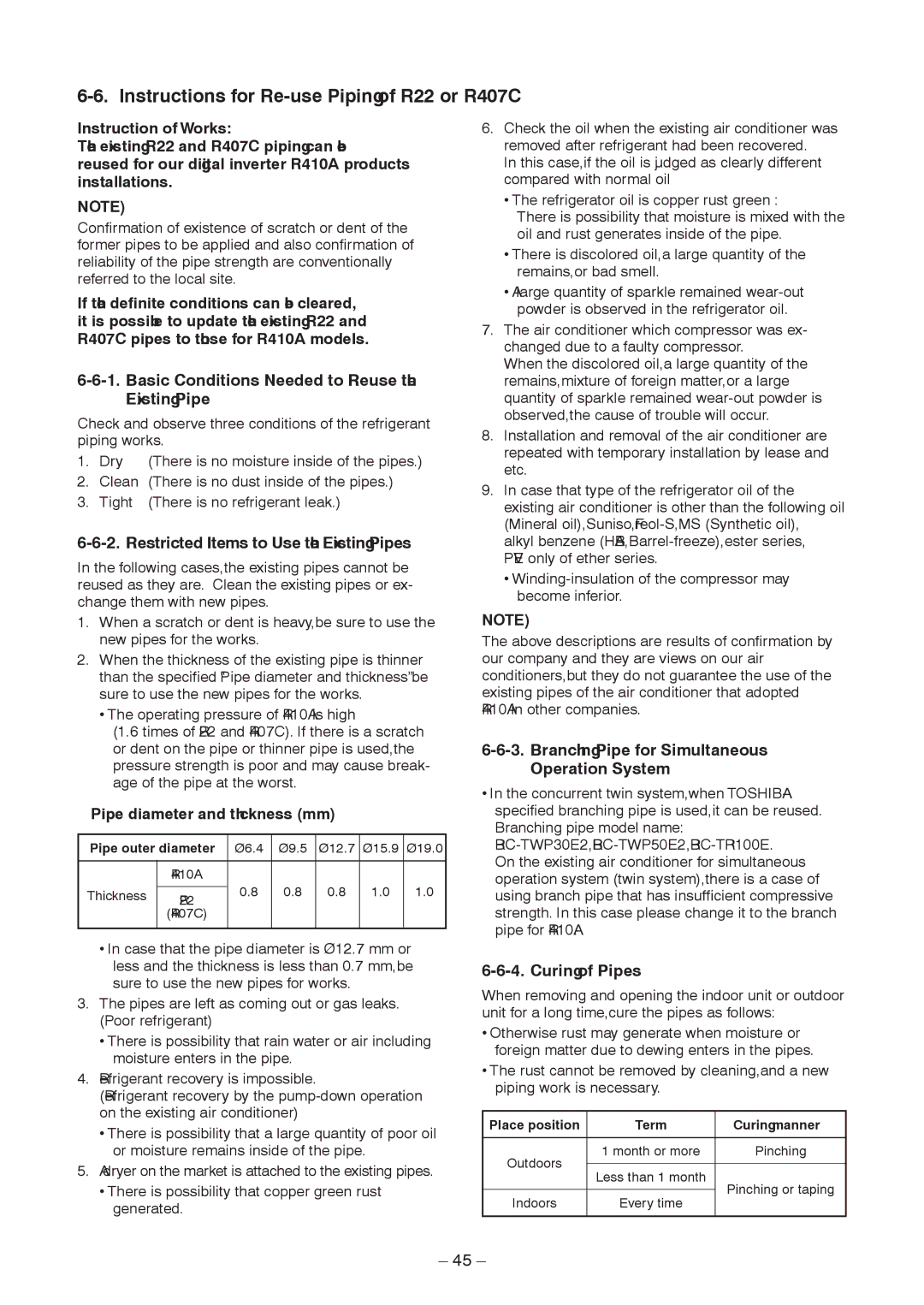 Toshiba RAV-SP1404AT8Z-TR Instructions for Re-use Piping of R22 or R407C, Restricted Items to Use the Existing Pipes 