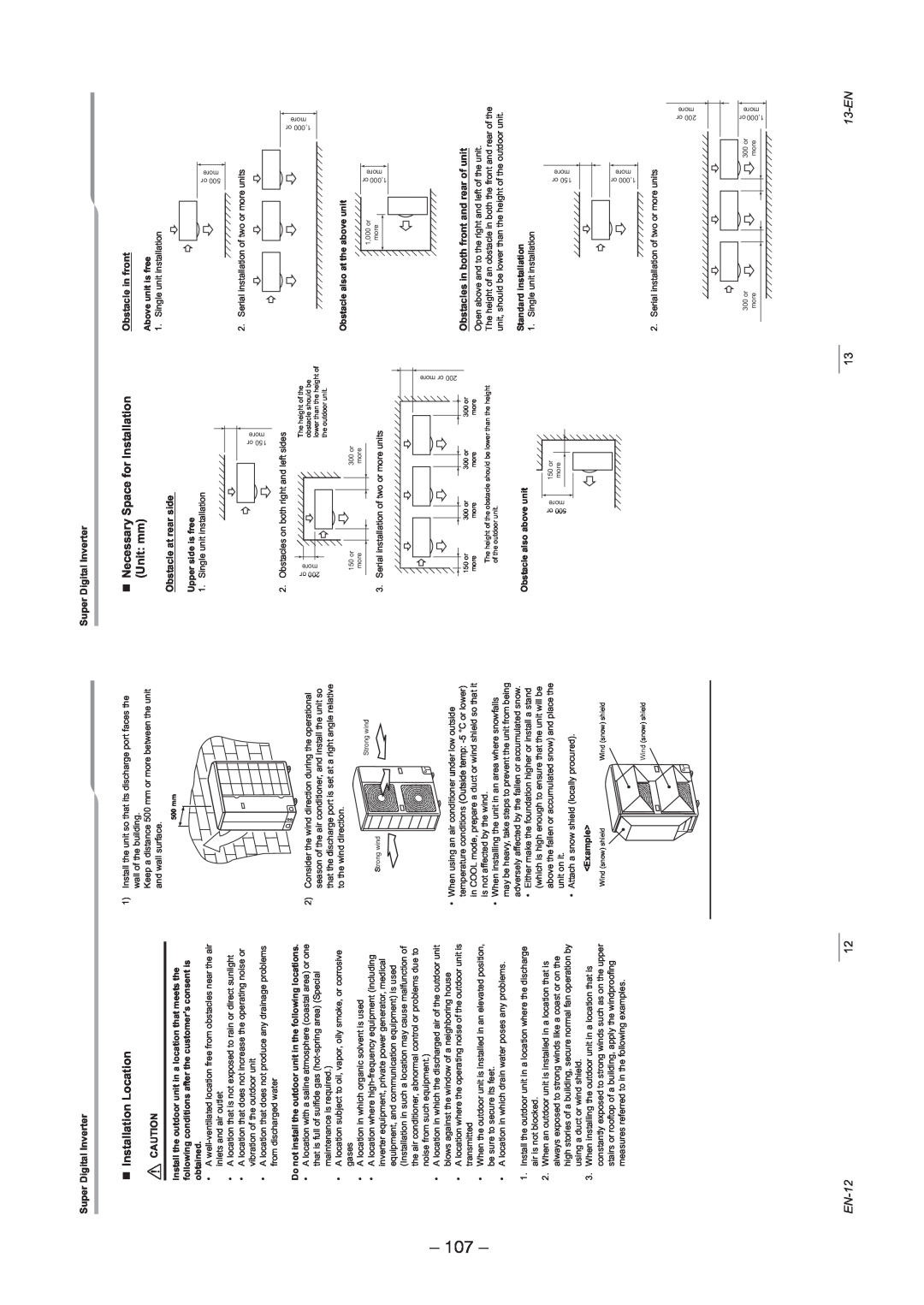 Toshiba RAV-SP1604AT8-TR service manual 107, Installation Location, Necessary Space for Installation Unit mm, EN-12, 13-EN 