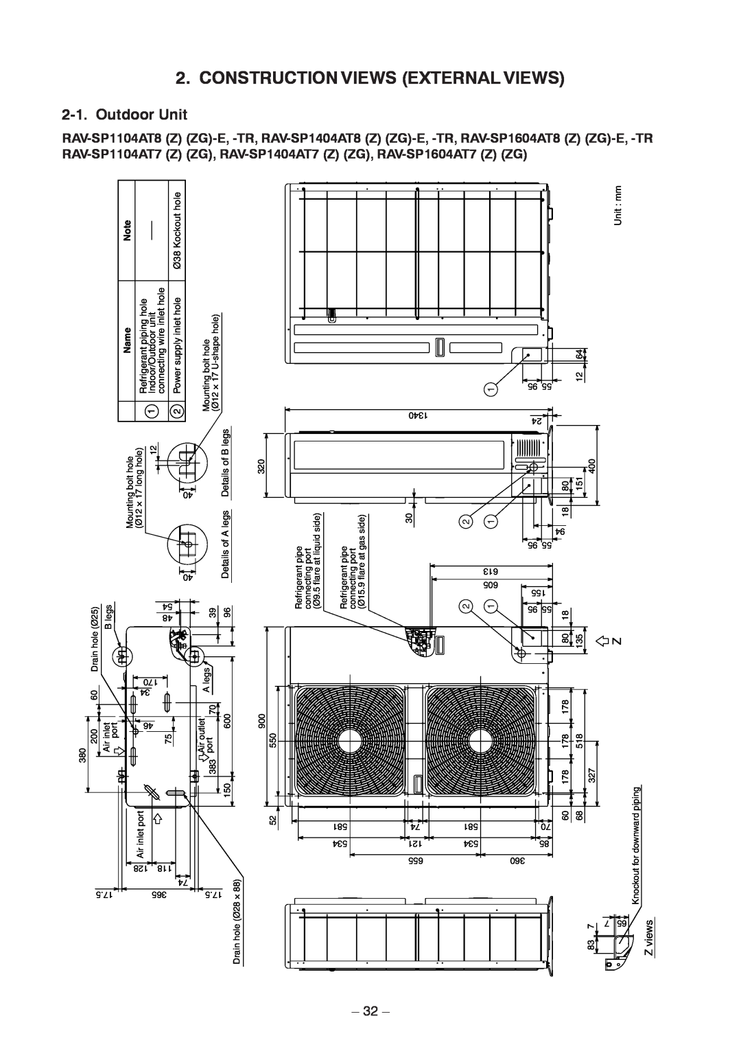 Toshiba RAV-SP1104AT8ZG-E, RAV-SP1104AT8ZG-TR, RAV-SP1104AT8-TR Construction Views External Views, Outdoor Unit 