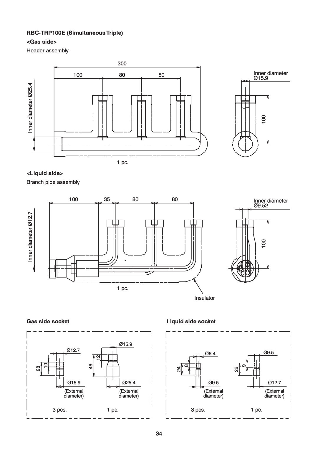 Toshiba RAV-SP1404AT8-TR 34, RBC-TRP100ESimultaneous Triple Gas side, <Liquid side>, Gas side socket, Liquid side socket 