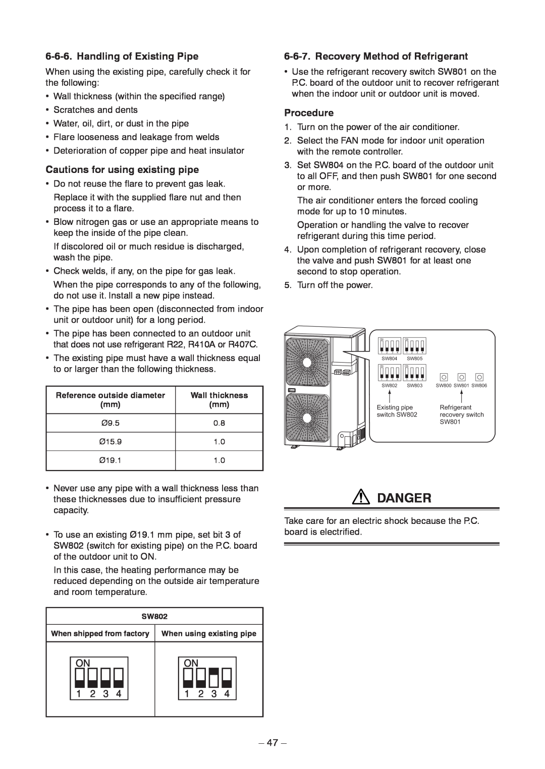 Toshiba RAV-SP1604AT8Z-E service manual Danger, Handling of Existing Pipe, Cautions for using existing pipe, Procedure, 47 