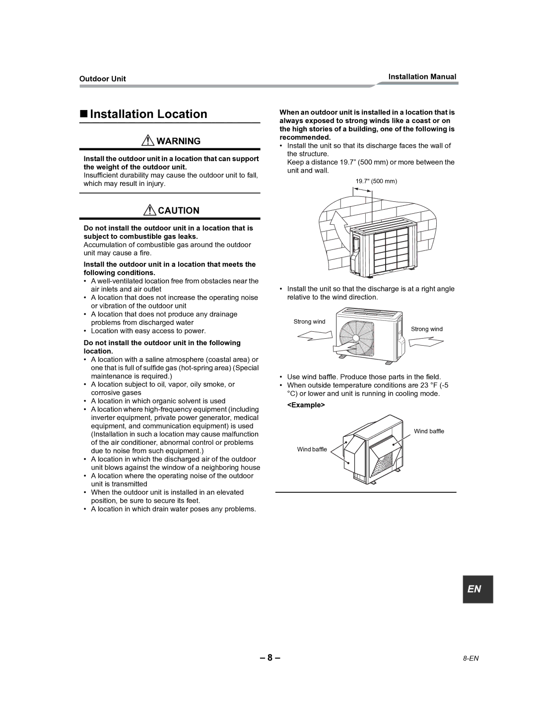 Toshiba RAV-SP180AT2-UL „ Installation Location, Do not install the outdoor unit in the following location, Example 