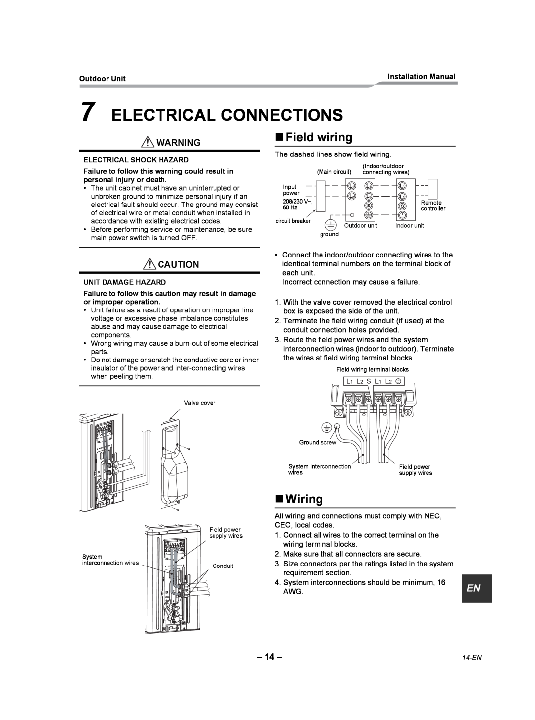 Toshiba RAV-SP180AT2-UL installation manual Electrical Connections, „Field wiring, „Wiring 