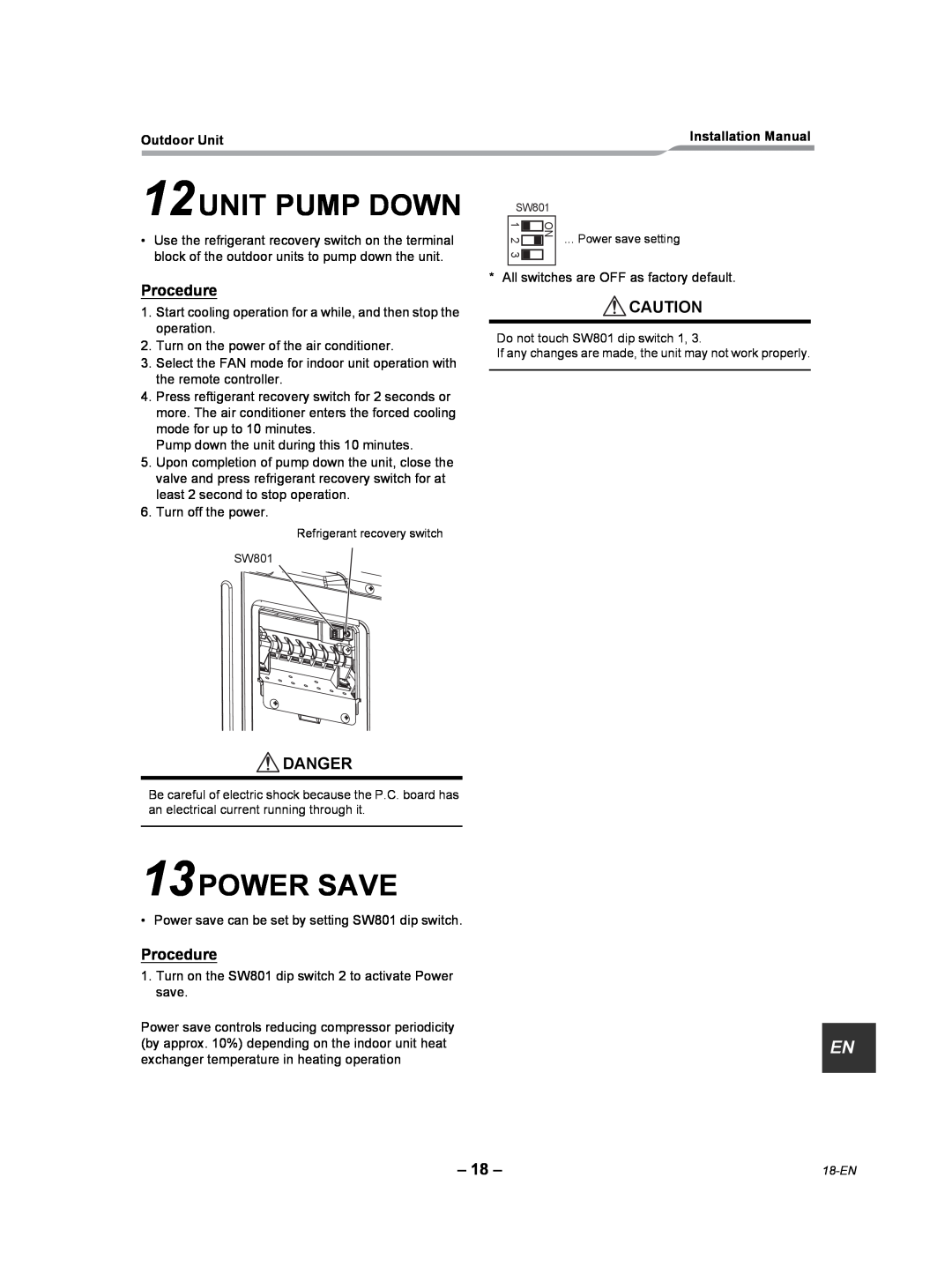 Toshiba RAV-SP180AT2-UL installation manual 12UNIT PUMP DOWN, 13POWER SAVE, Procedure 