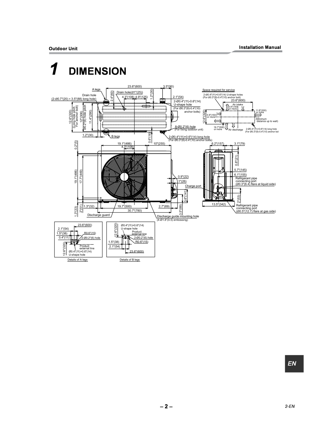 Toshiba RAV-SP180AT2-UL installation manual Dimension, 2-EN 