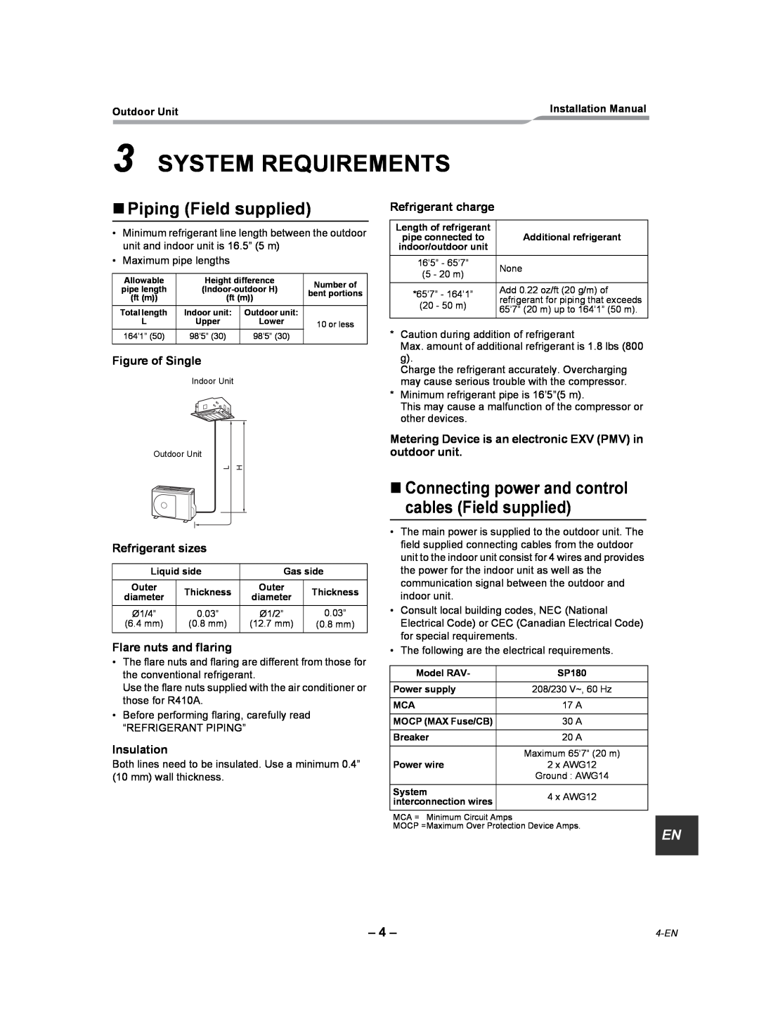Toshiba RAV-SP180AT2-UL System Requirements, „Piping Field supplied, Figure of Single, Refrigerant charge, Insulation 