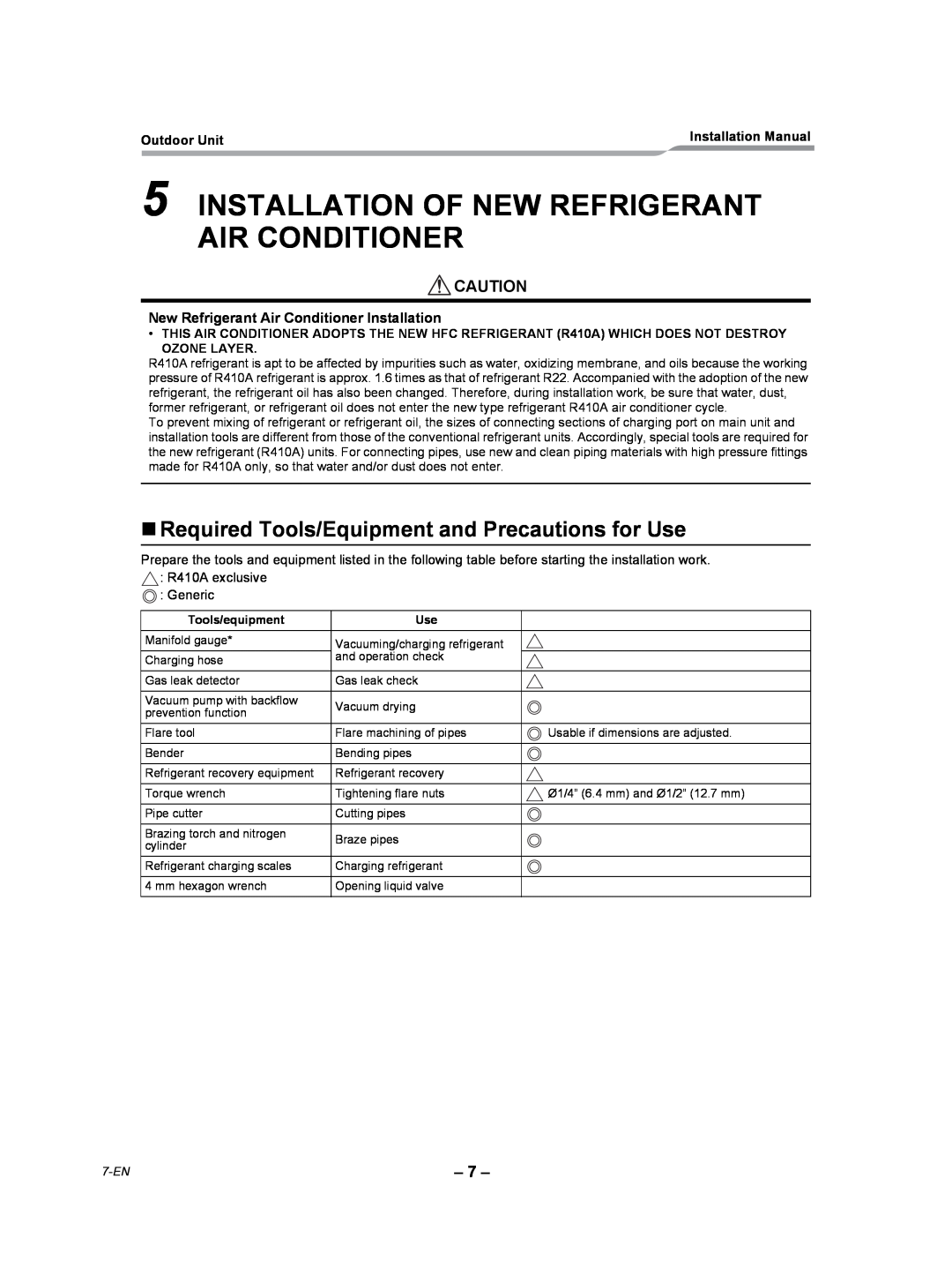 Toshiba RAV-SP180AT2-UL Installation Of New Refrigerant Air Conditioner, „Required Tools/Equipment and Precautions for Use 