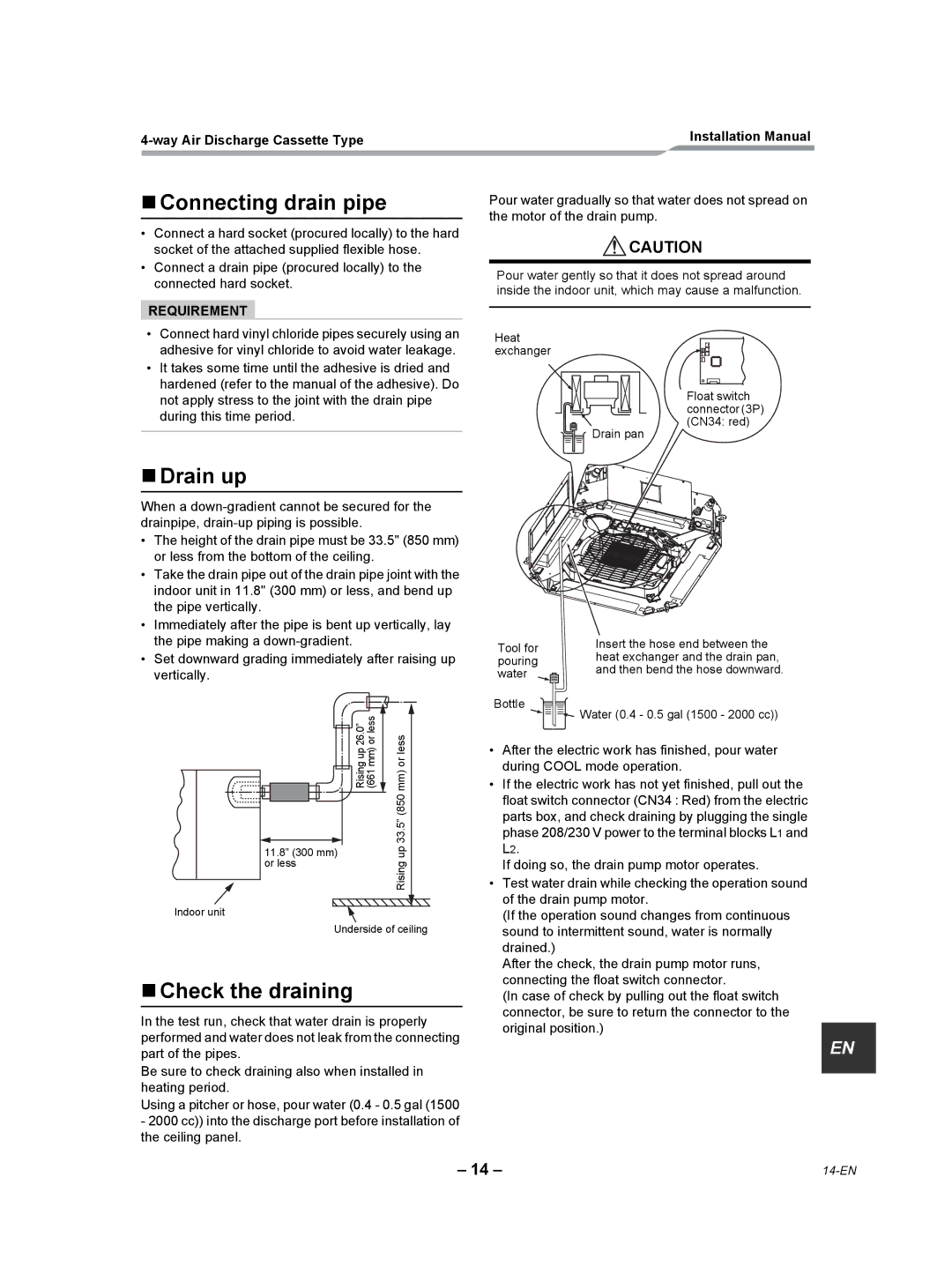 Toshiba RAV-SP180UT-UL installation manual „ Connecting drain pipe, „ Drain up, „ Check the draining 