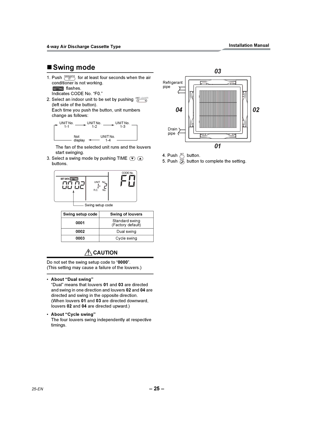 Toshiba RAV-SP180UT-UL installation manual „ Swing mode, Swing setup code Swing of louvers 