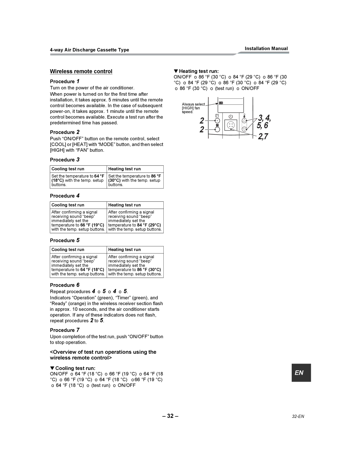 Toshiba RAV-SP180UT-UL installation manual Wireless remote control, Cooling test run Heating test run 