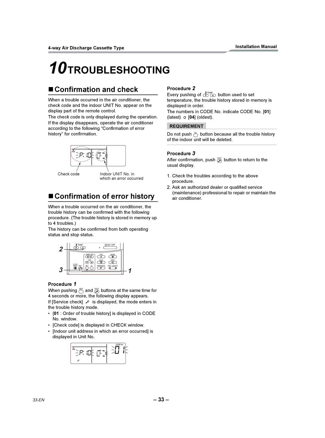 Toshiba RAV-SP180UT-UL installation manual 10TROUBLESHOOTING, „ Confirmation and check, „ Confirmation of error history 