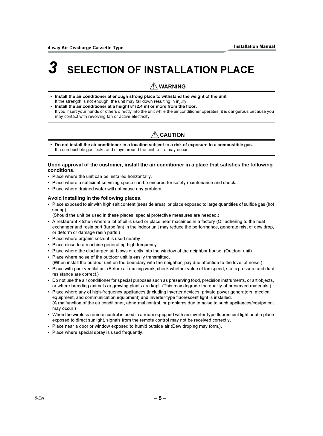 Toshiba RAV-SP180UT-UL installation manual Selection of Installation Place, Avoid installing in the following places 