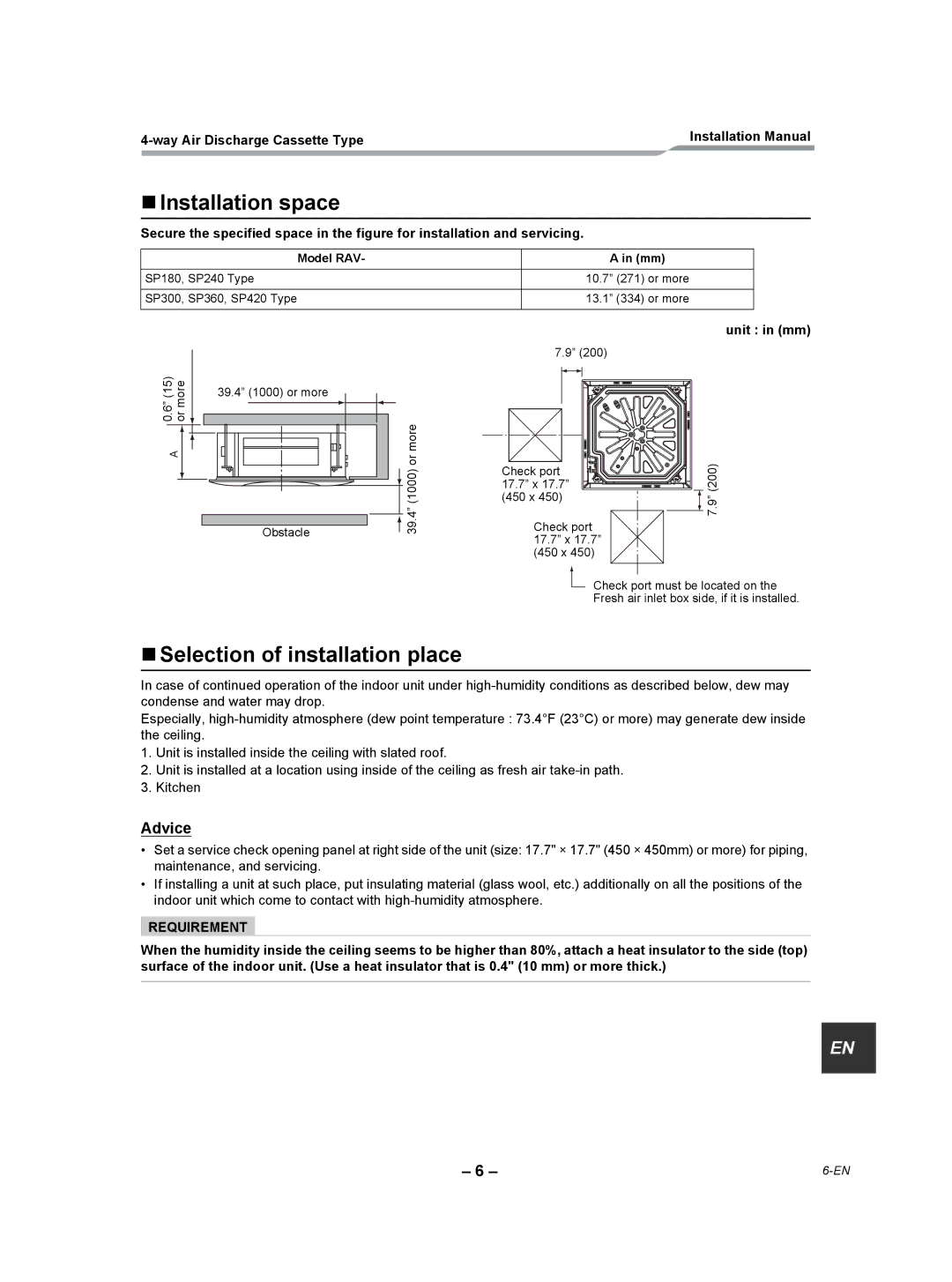 Toshiba RAV-SP180UT-UL installation manual „ Installation space, „ Selection of installation place, Advice, Model RAV 