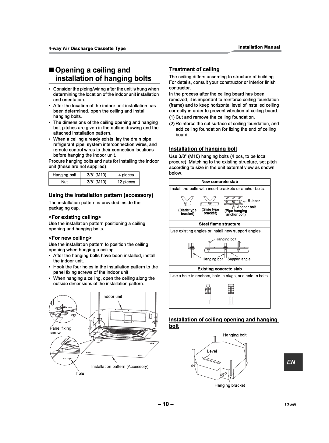 Toshiba RAV-SP180UT-UL installation manual Using the installation pattern accessory, For existing ceiling, For new ceiling 