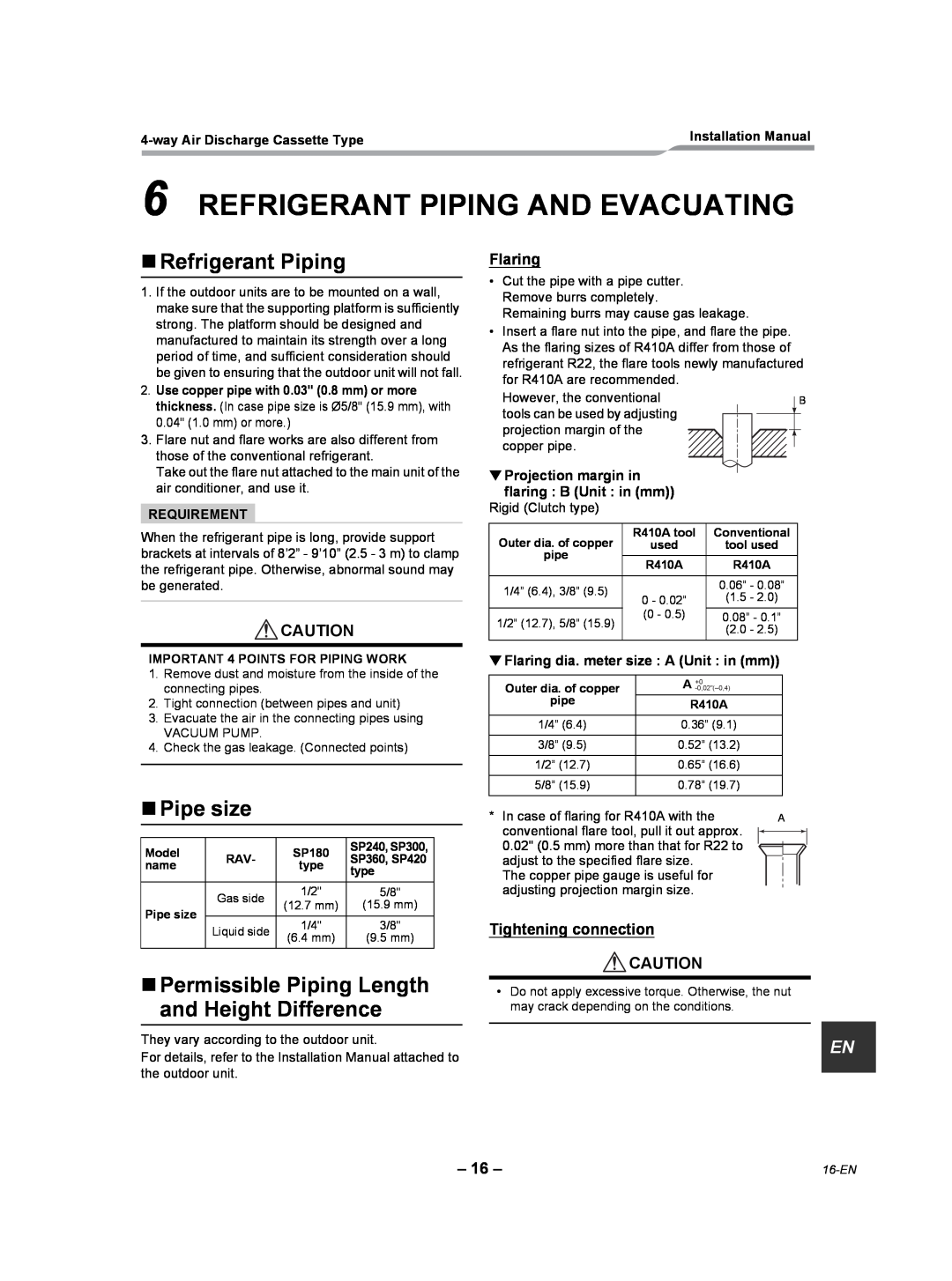 Toshiba RAV-SP180UT-UL Refrigerant Piping And Evacuating, „Refrigerant Piping, „Pipe size, Flaring, Tightening connection 