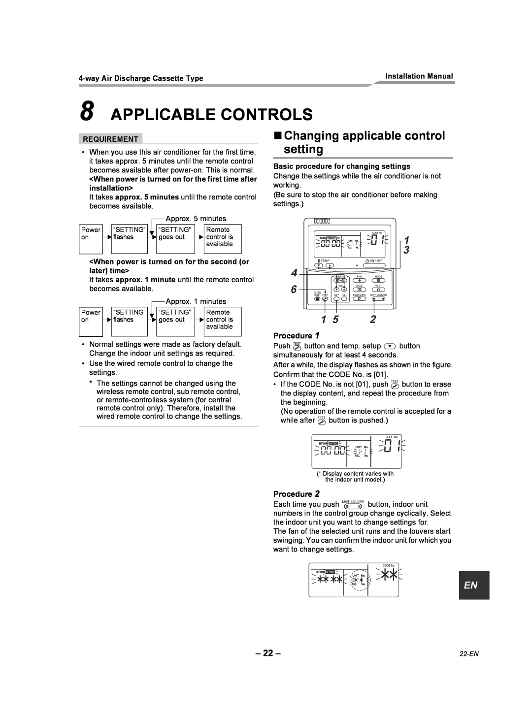 Toshiba RAV-SP180UT-UL Applicable Controls, „Changing applicable control setting, Procedure, Requirement 