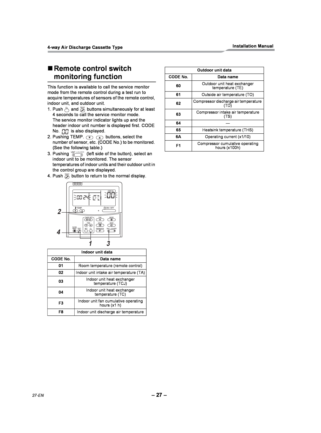 Toshiba RAV-SP180UT-UL „Remote control switch monitoring function, wayAir Discharge Cassette Type, Installation Manual 
