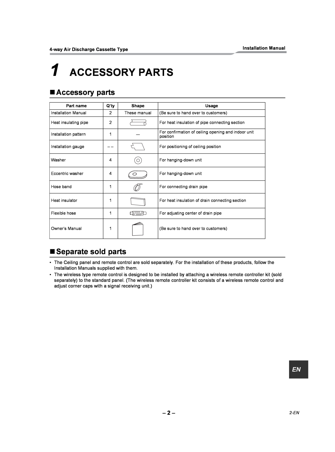 Toshiba RAV-SP180UT-UL Accessory Parts, „Accessory parts, „Separate sold parts, wayAir Discharge Cassette Type 