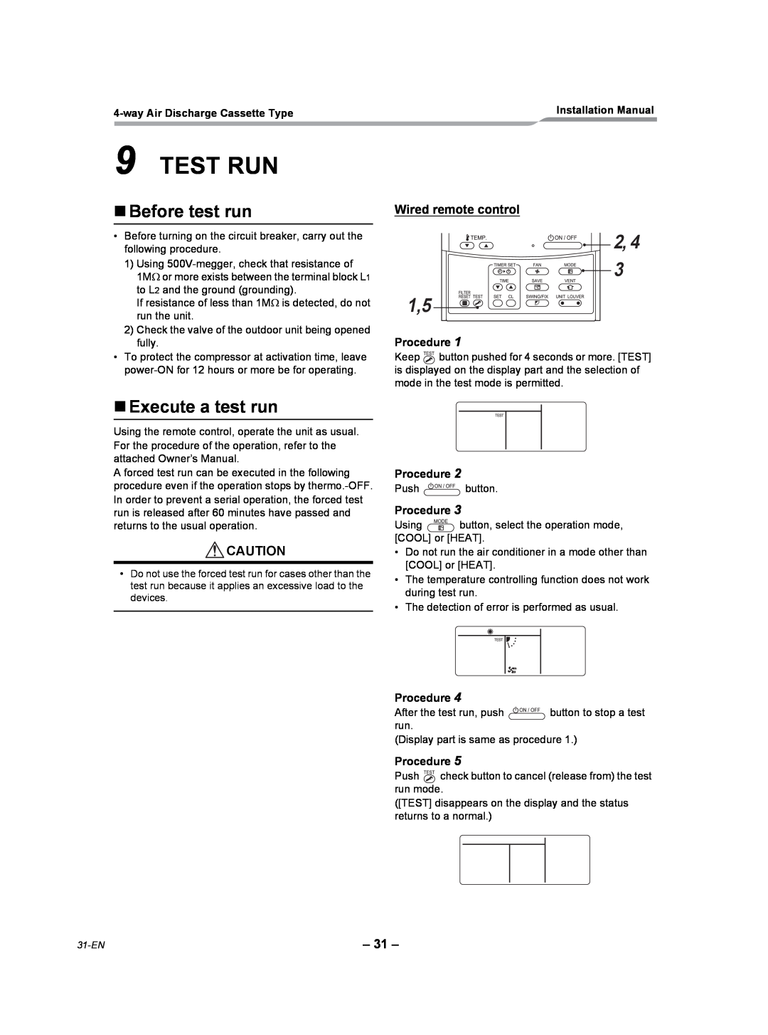 Toshiba RAV-SP180UT-UL Test Run, 2, 4 1,5, „Before test run, „Execute a test run, Wired remote control, Procedure 