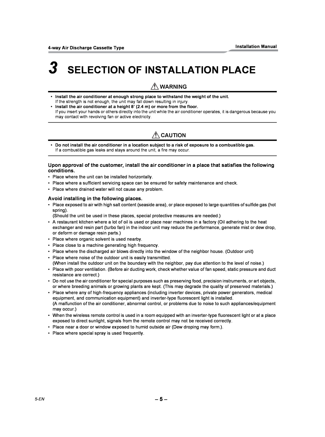 Toshiba RAV-SP180UT-UL installation manual Selection Of Installation Place, Avoid installing in the following places 