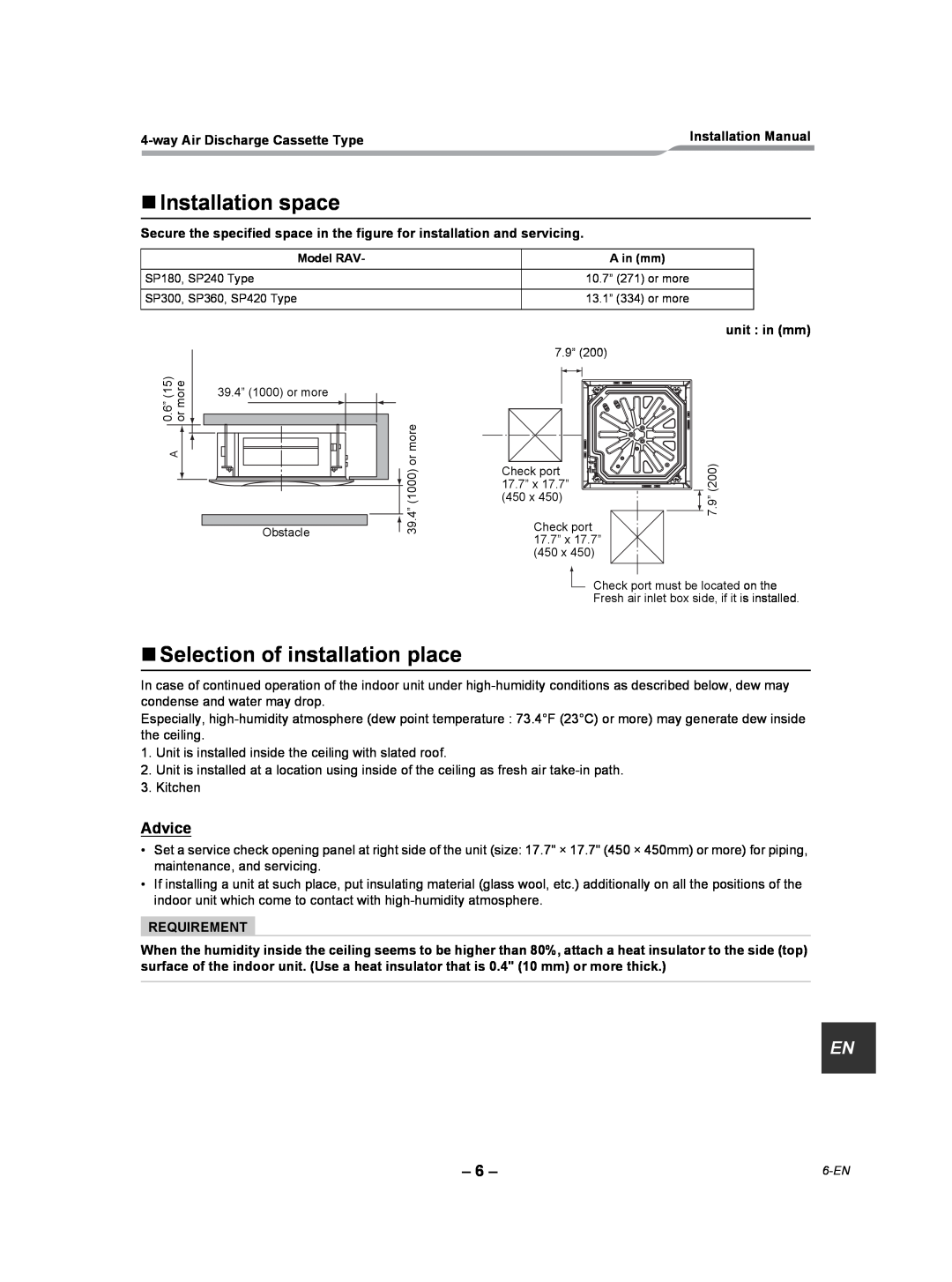 Toshiba RAV-SP180UT-UL „Installation space, „Selection of installation place, Advice, wayAir Discharge Cassette Type 