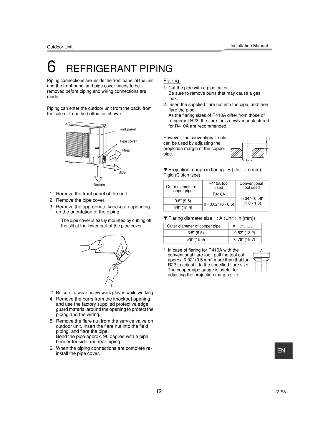 Toshiba RAV-SP240AT2-UL Refrigerant Piping, Flaring, Projection margin in flaring B Unit in mm Rigid Clutch type 