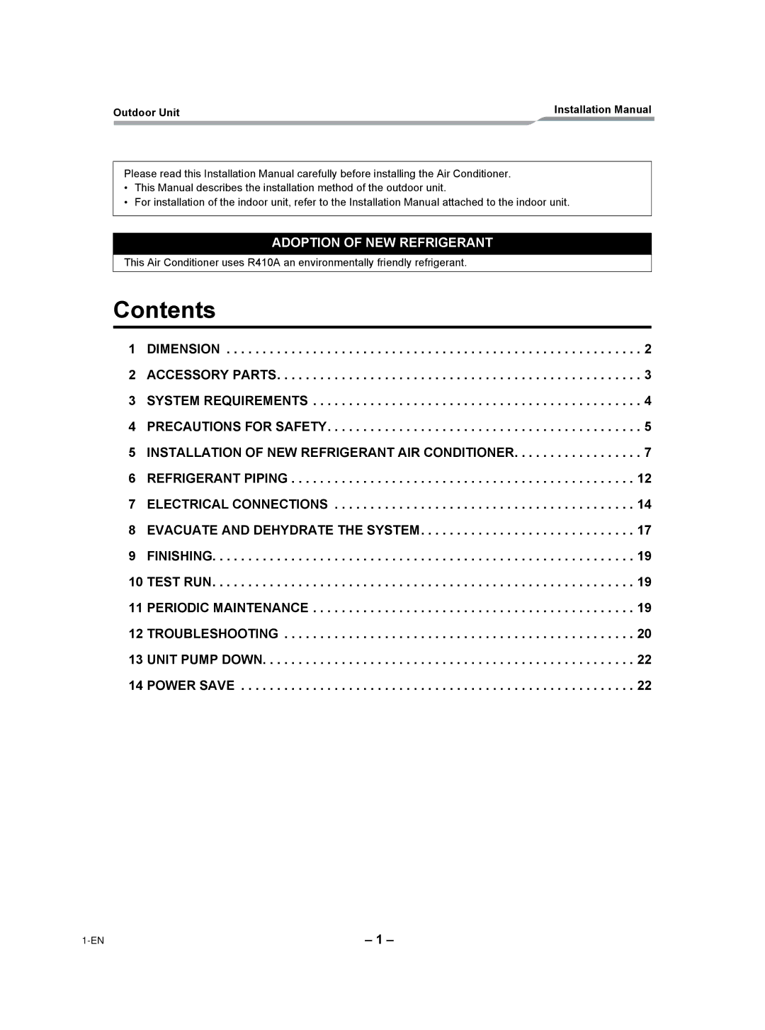 Toshiba RAV-SP240AT2-UL installation manual Contents 