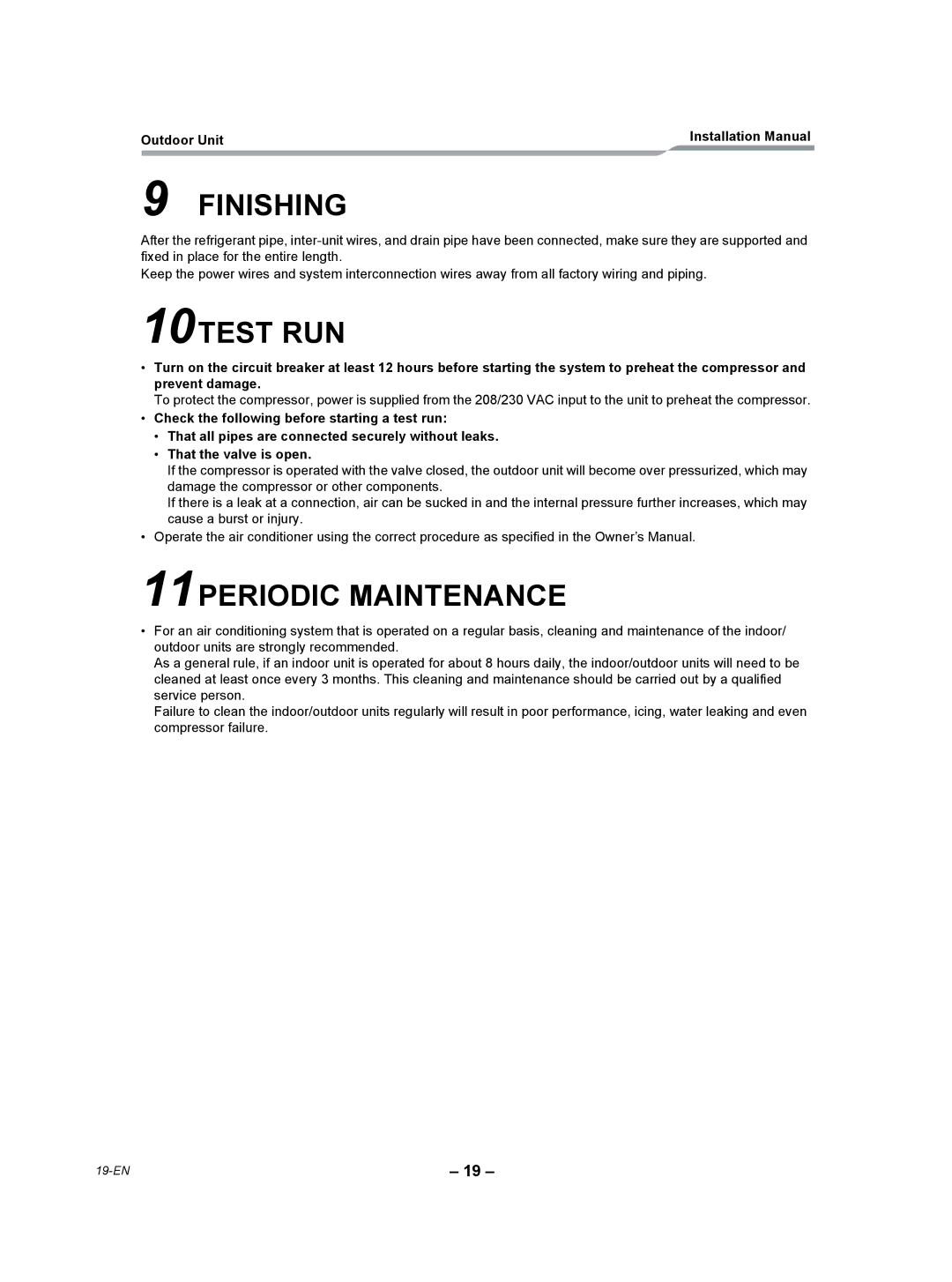 Toshiba RAV-SP240AT2-UL installation manual Finishing, 10TEST RUN, 11PERIODIC Maintenance 