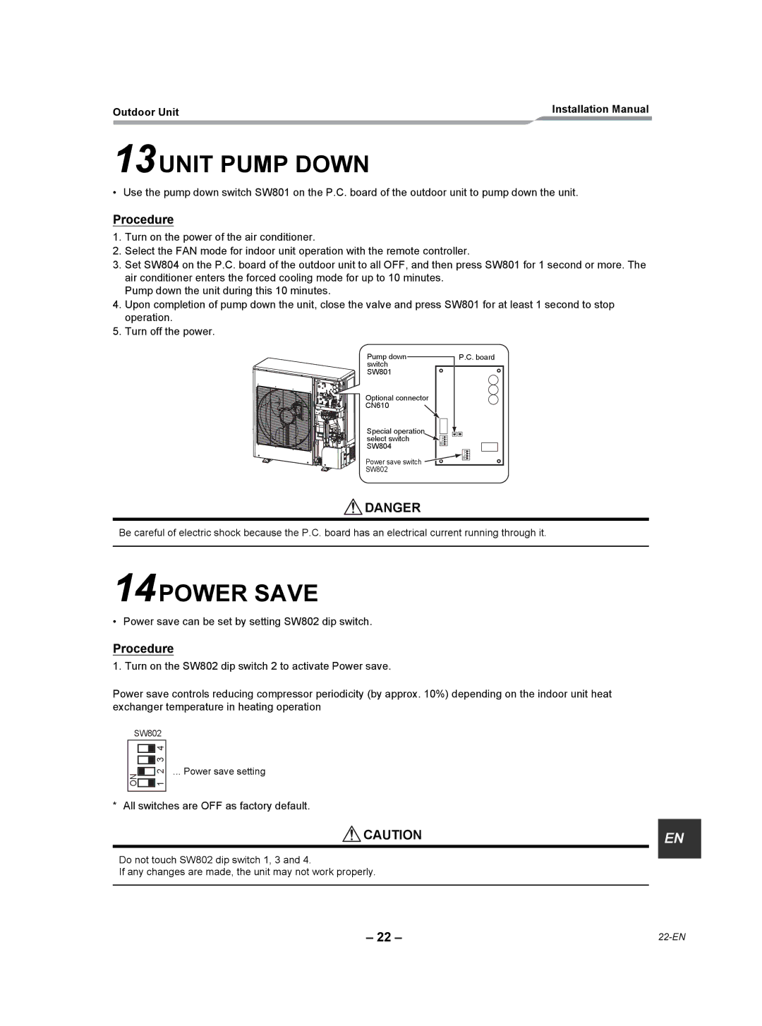 Toshiba RAV-SP240AT2-UL installation manual 13UNIT Pump Down, 14POWER Save, Procedure 