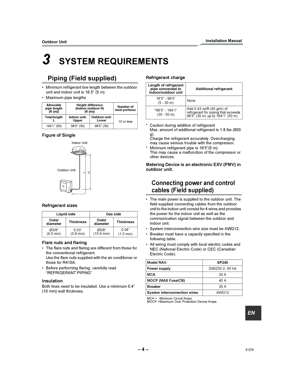 Toshiba RAV-SP240AT2-UL installation manual System Requirements, „ Piping Field supplied 