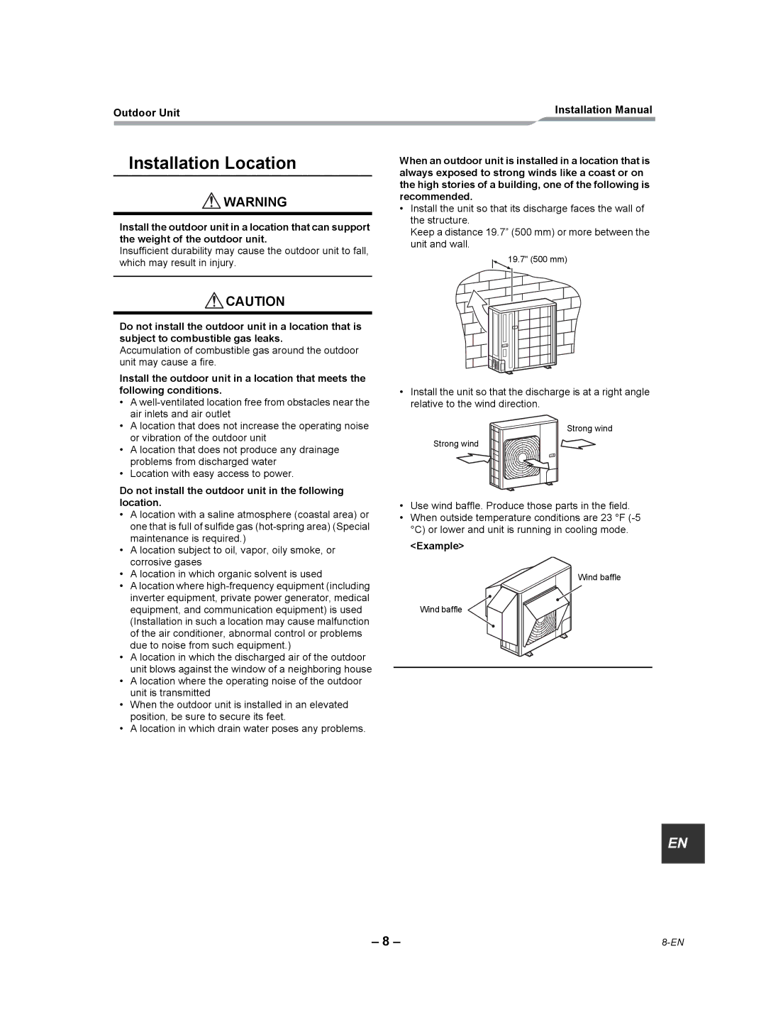 Toshiba RAV-SP240AT2-UL „ Installation Location, Do not install the outdoor unit in the following location, Example 