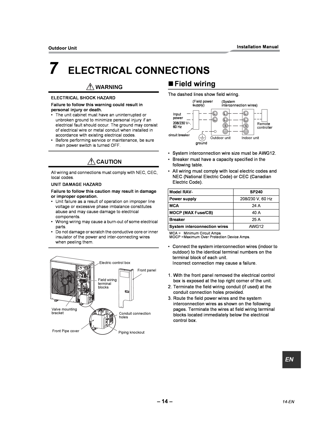Toshiba RAV-SP240AT2-UL installation manual Electrical Connections, „Field wiring 