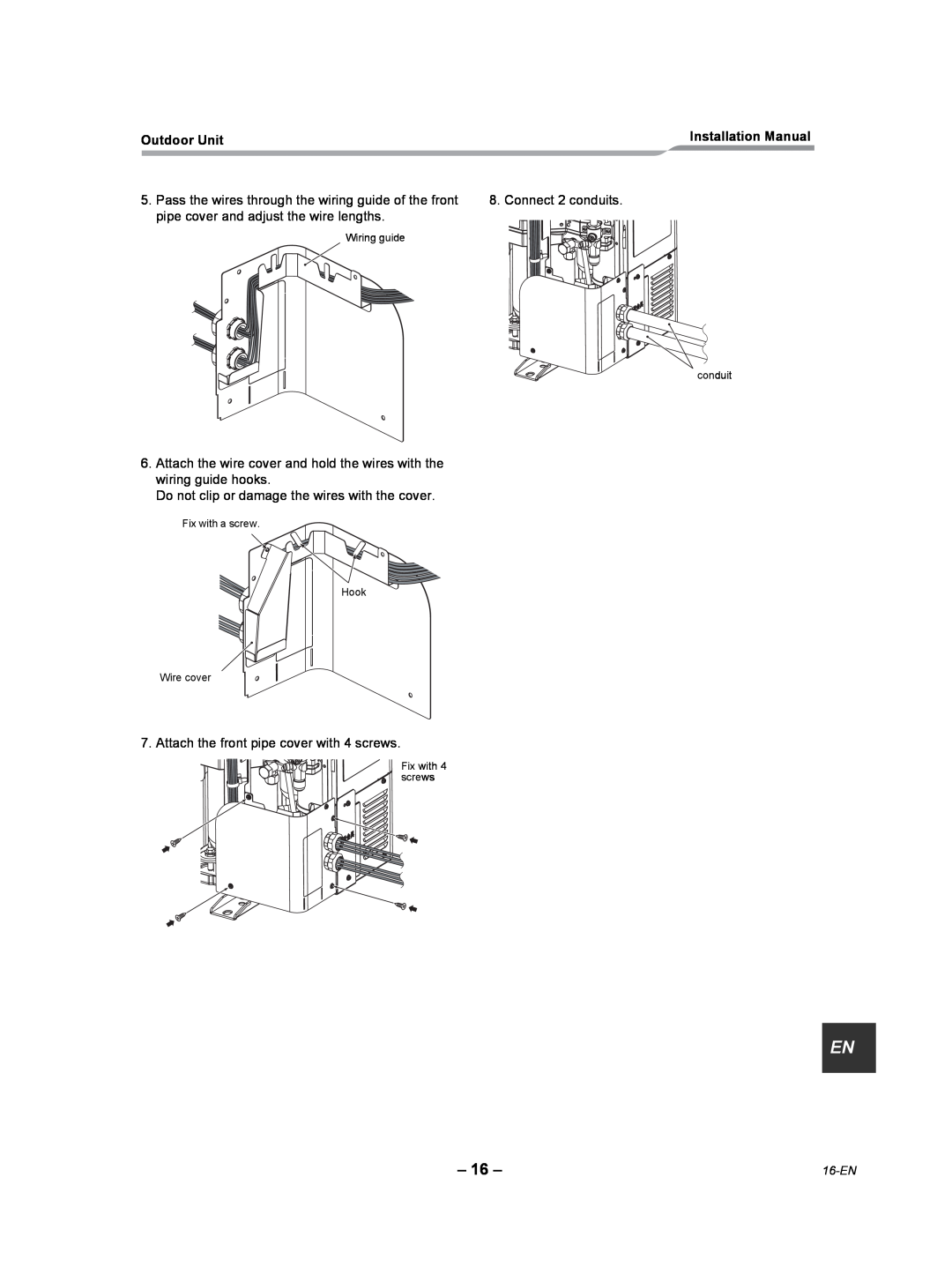 Toshiba RAV-SP240AT2-UL installation manual Connect 2 conduits, pipe cover and adjust the wire lengths, 16-EN 