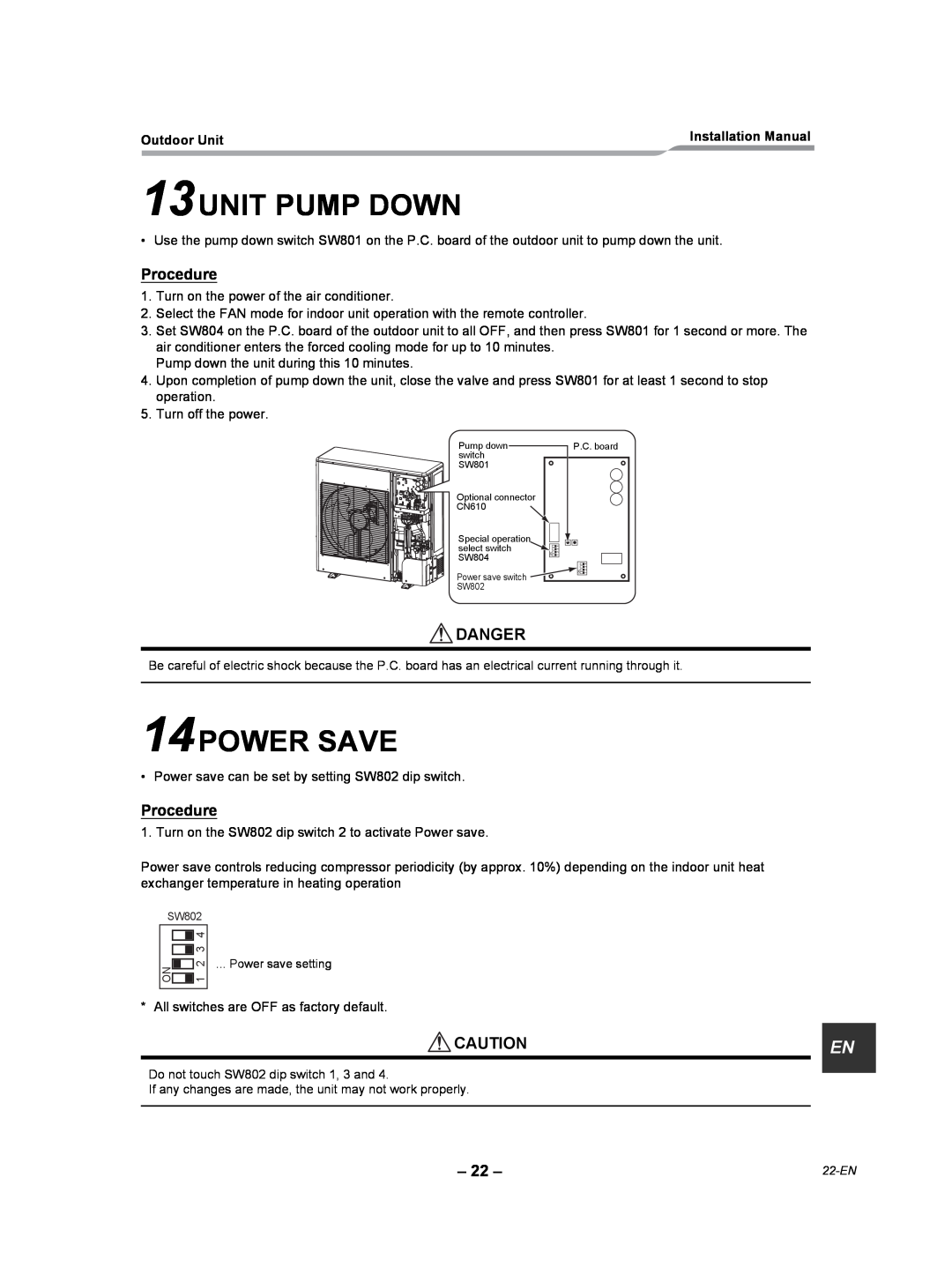 Toshiba RAV-SP240AT2-UL installation manual 13UNIT PUMP DOWN, 14POWER SAVE, Procedure 