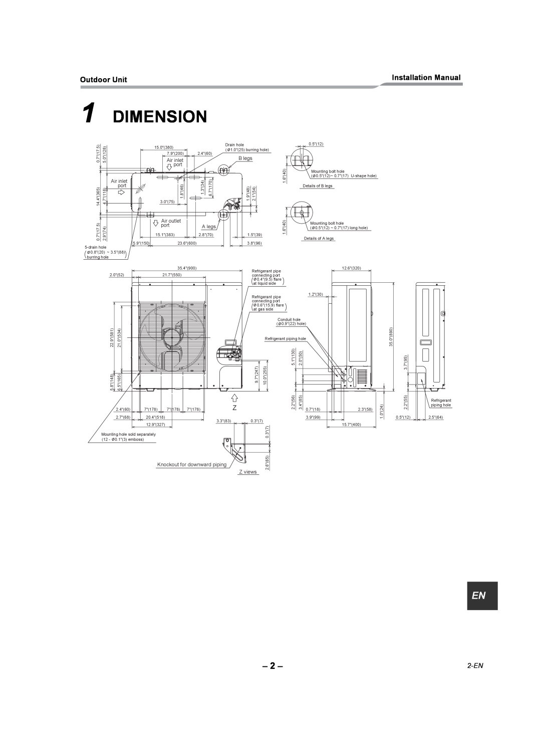 Toshiba RAV-SP240AT2-UL installation manual Dimension, 2-EN 