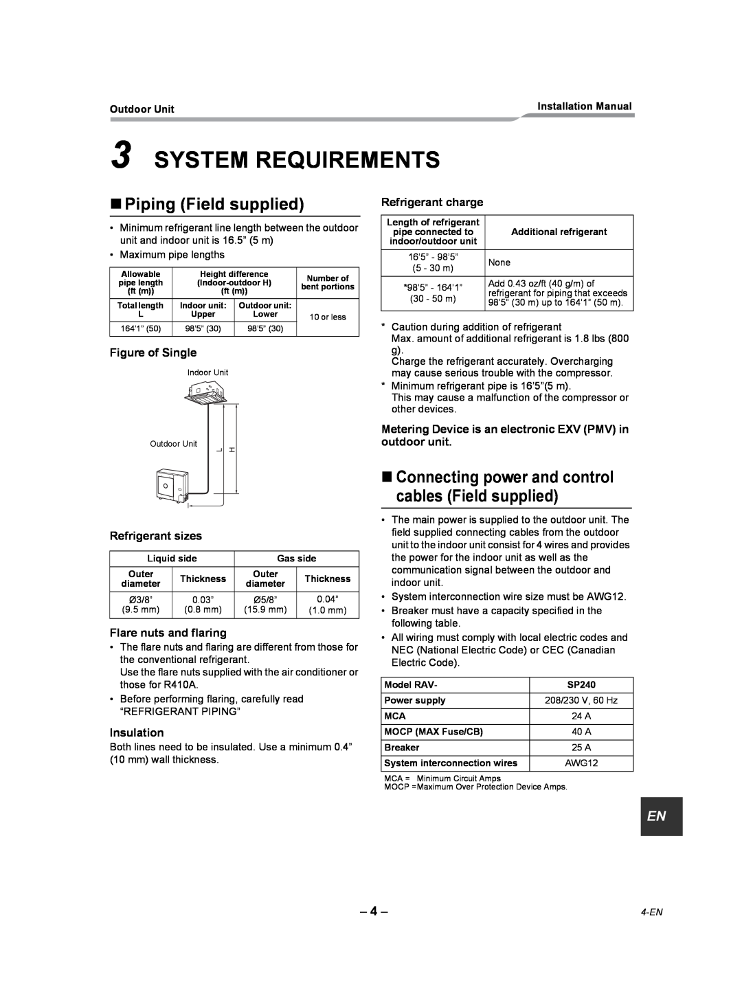 Toshiba RAV-SP240AT2-UL System Requirements, „Piping Field supplied, Figure of Single, Refrigerant sizes, Insulation 