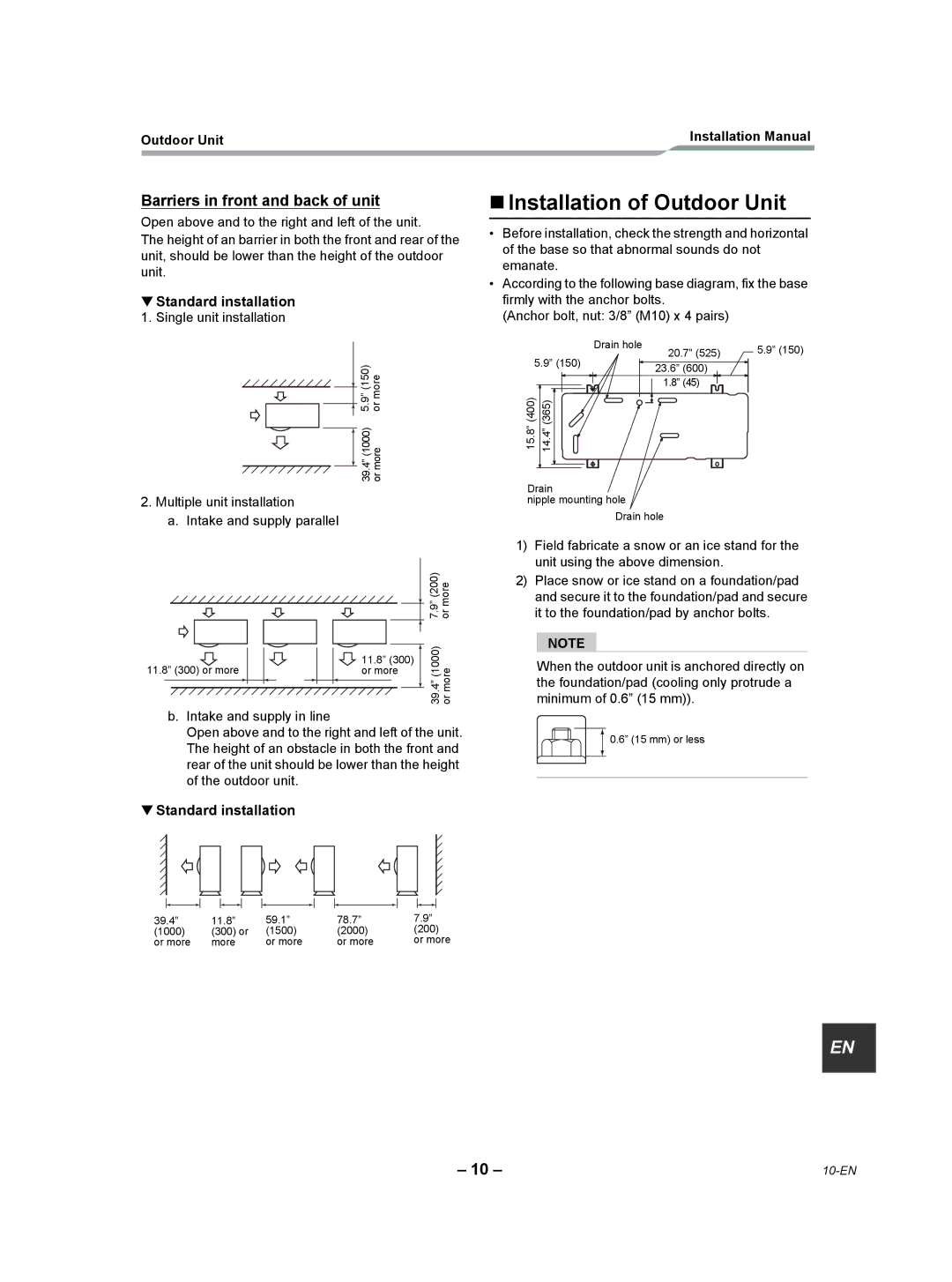 Toshiba RAV-SP420AT2-UL „ Installation of Outdoor Unit, Barriers in front and back of unit, Standard installation 