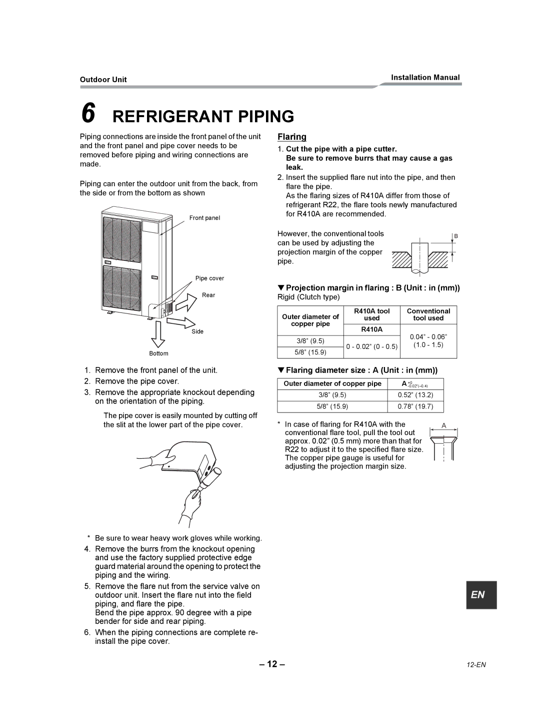 Toshiba RAV-SP300AT2-UL Refrigerant Piping, Flaring, Projection margin in flaring B Unit in mm Rigid Clutch type 