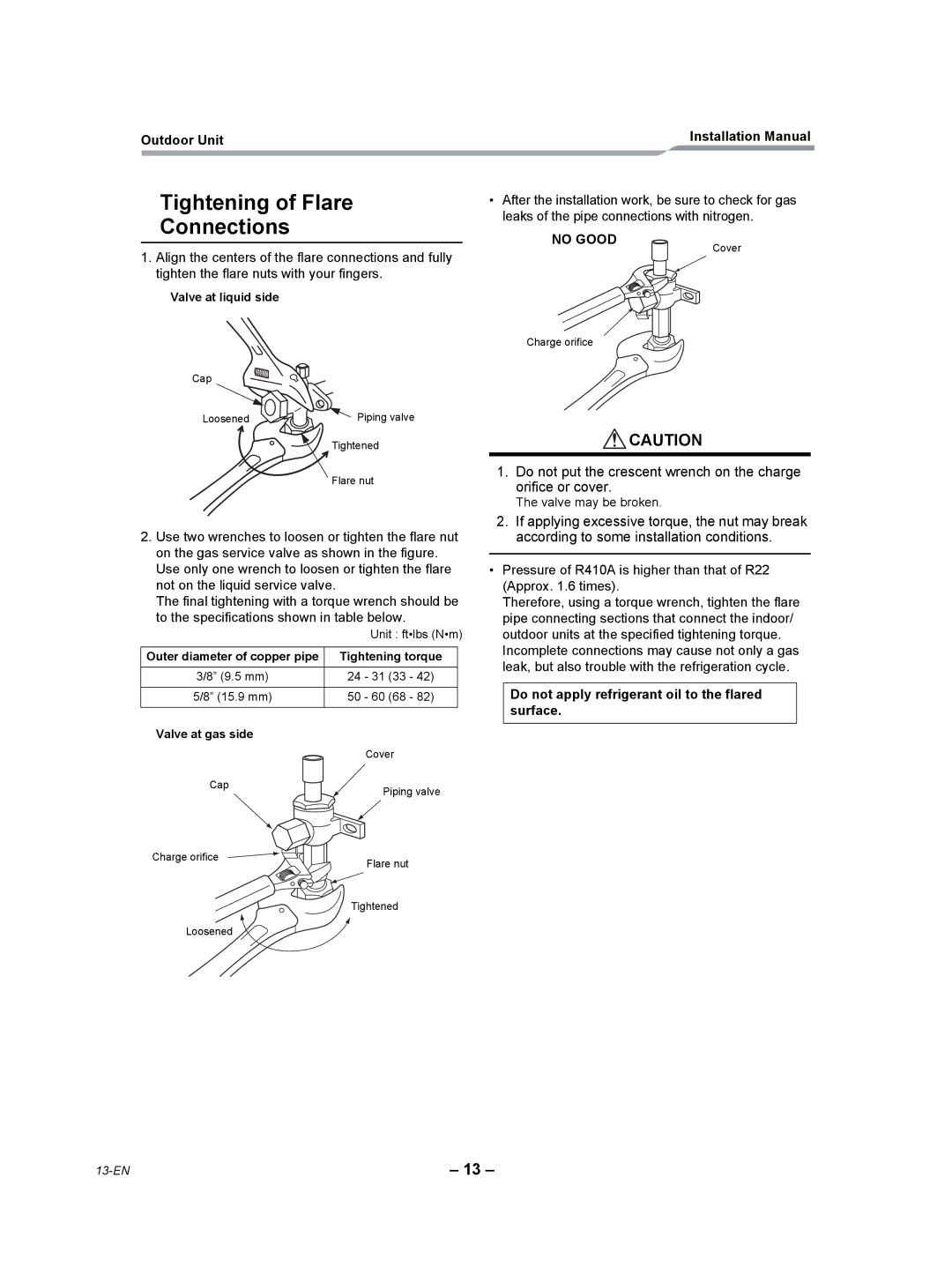 Toshiba RAV-SP420AT2-UL „Tightening of Flare, Connections, Do not apply refrigerant oil to the flared surface 