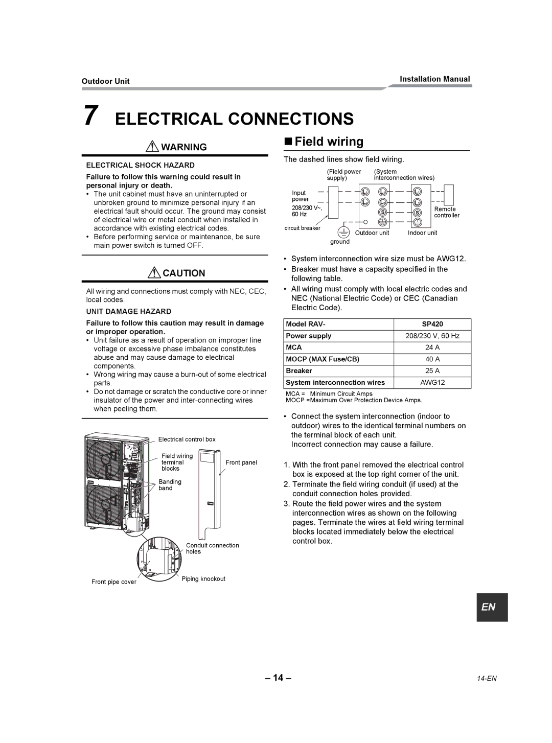 Toshiba RAV-SP360AT2-UL, RAV-SP300AT2-UL, RAV-SP420AT2-UL installation manual Electrical Connections, „ Field wiring 