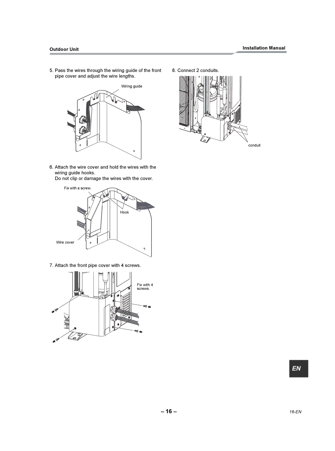 Toshiba RAV-SP420AT2-UL, RAV-SP360AT2-UL, RAV-SP300AT2-UL installation manual Attach the front pipe cover with 4 screws 