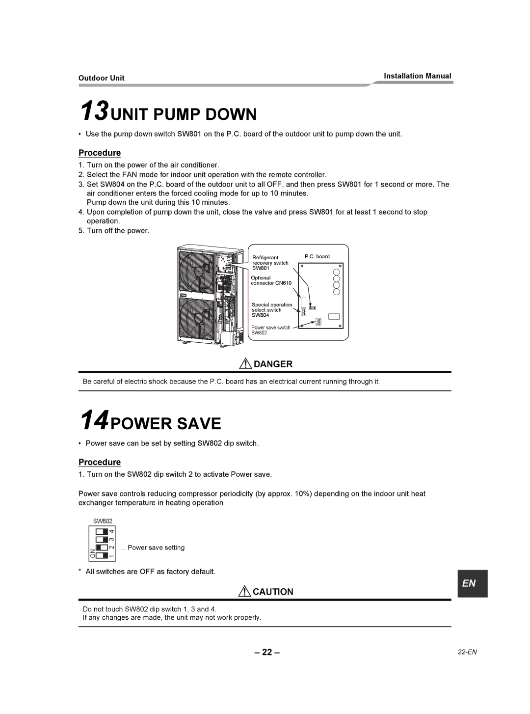 Toshiba RAV-SP420AT2-UL, RAV-SP360AT2-UL, RAV-SP300AT2-UL installation manual 13UNIT Pump Down, 14POWER Save, Procedure 