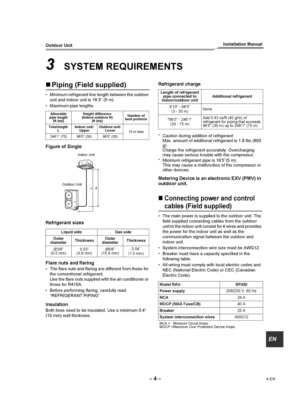 Toshiba RAV-SP420AT2-UL, RAV-SP360AT2-UL, RAV-SP300AT2-UL installation manual System Requirements, „ Piping Field supplied 