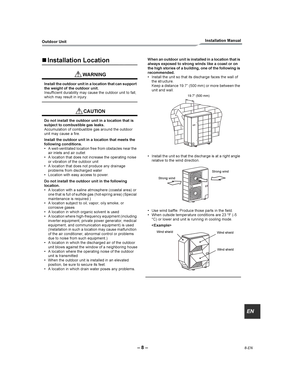 Toshiba RAV-SP360AT2-UL „ Installation Location, Do not install the outdoor unit in the following location, Example 