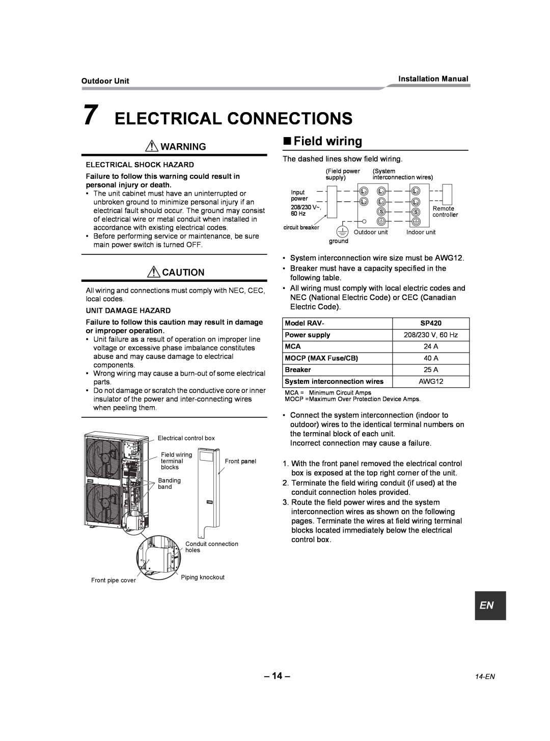 Toshiba RAV-SP360AT2-UL, RAV-SP300AT2-UL, RAV-SP420AT2-UL installation manual Electrical Connections, „Field wiring 